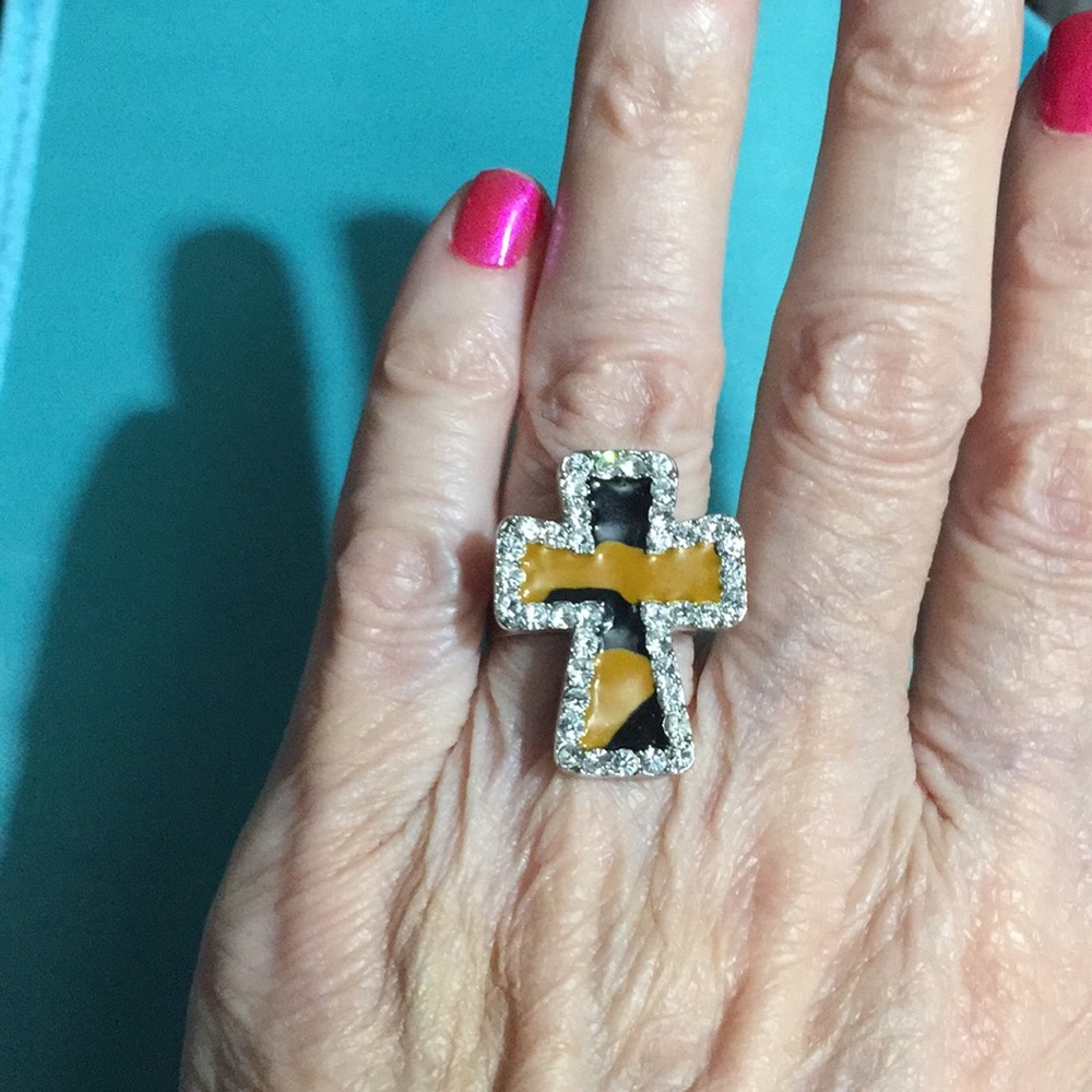 ANIMAL PRINT RHINESTONE CROSS RING TIGER ADJUSTABLE ABOUT 1” x 3/4” - Picture 1 of 3